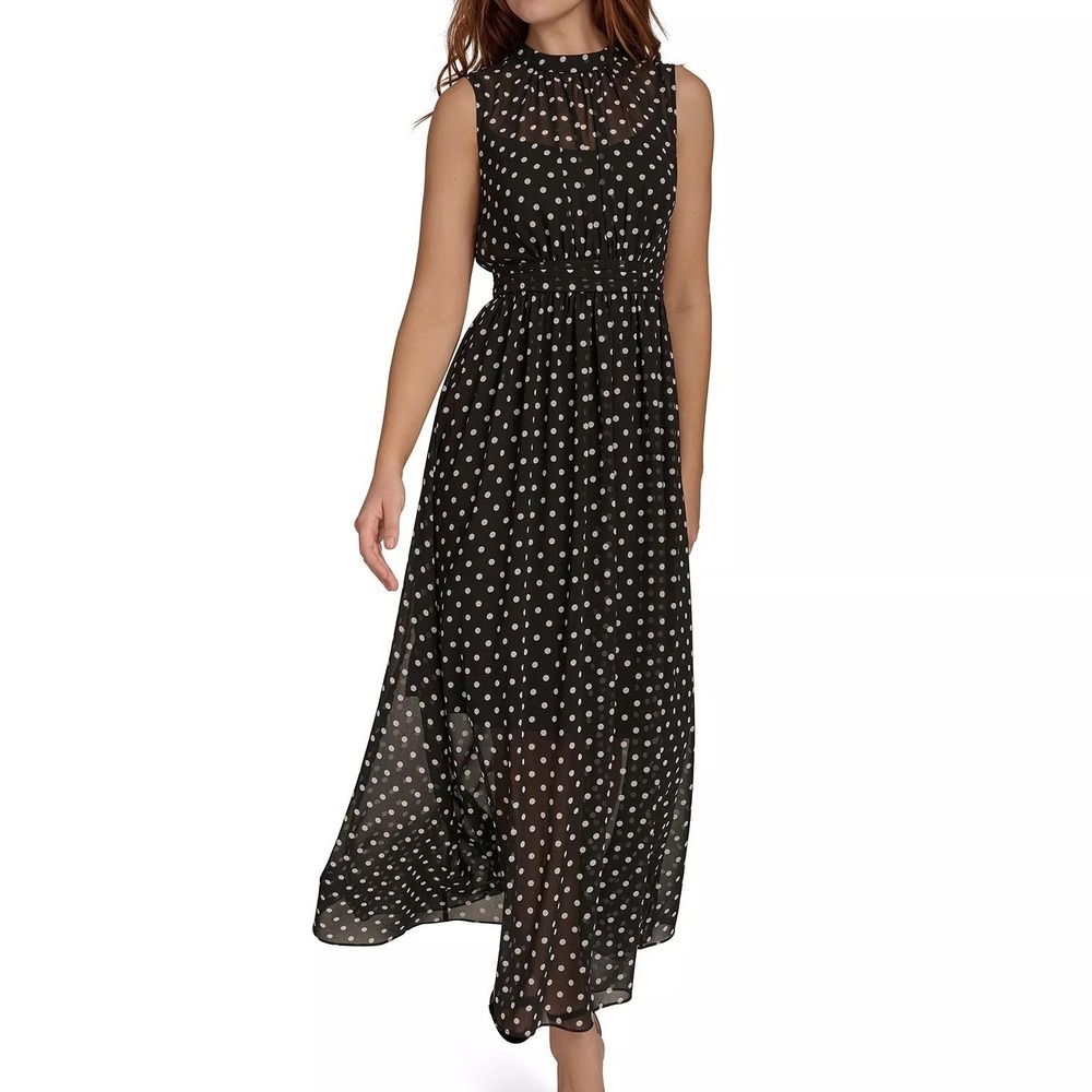 Tommy Hilfiger Sleeveless Chiffon Polka Dot Black Midi Dress Womens Size 10 NWT